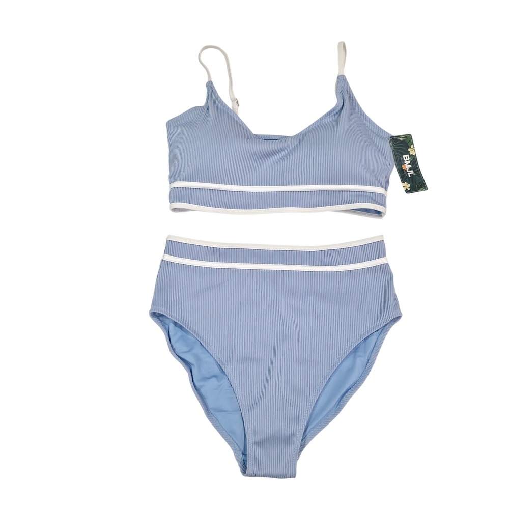 BMJL Womens Ribbed High Waisted Bikini Set Light Blue White Stripe Size L NWT